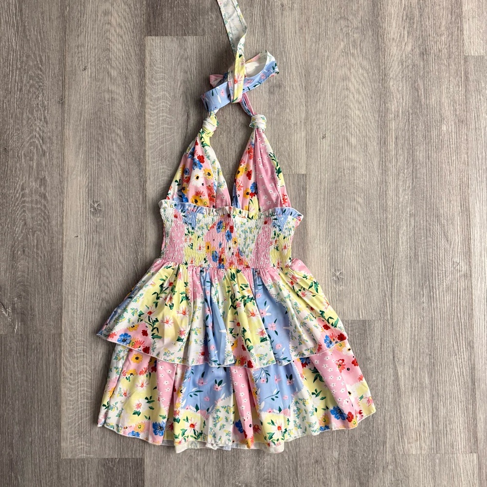 Floral Halter Dress with Smocked Bodice
